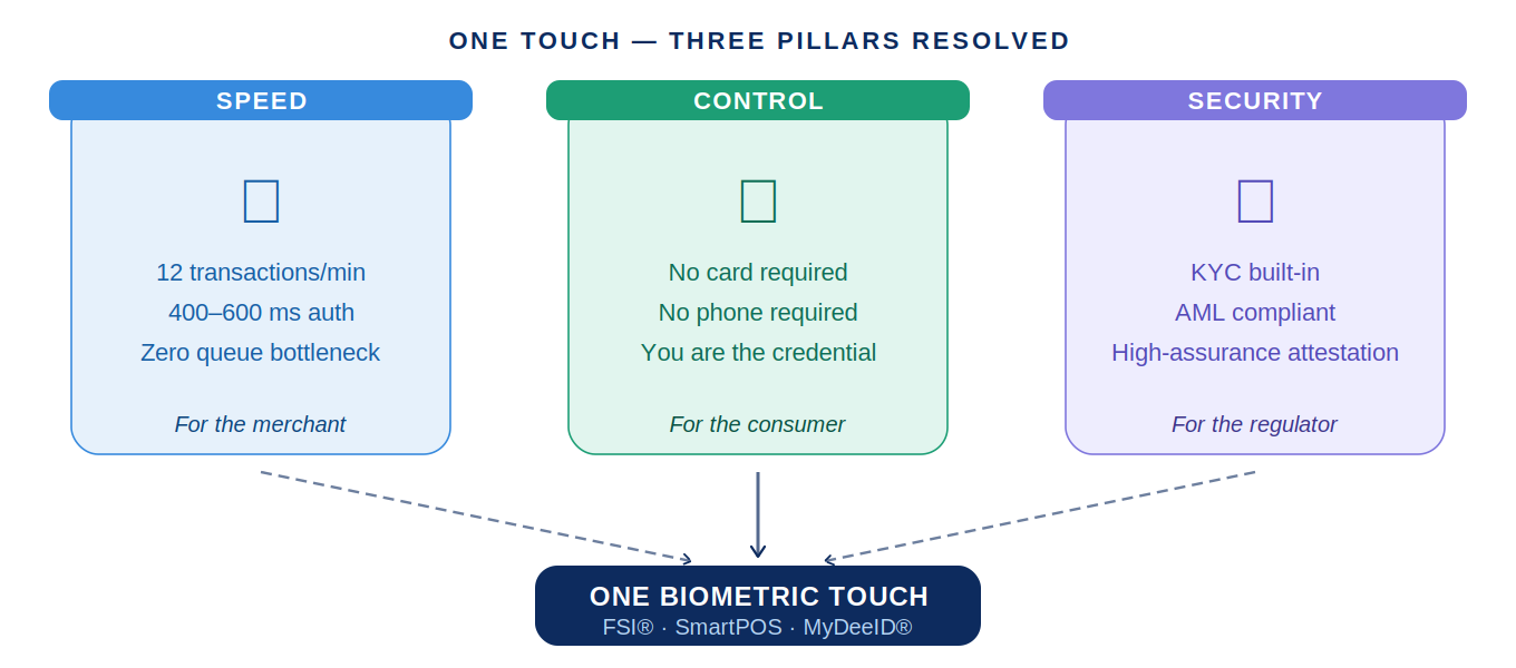 One touch, three pillars resolved: speed, control, and security delivered by Dundee ID FSI technology
